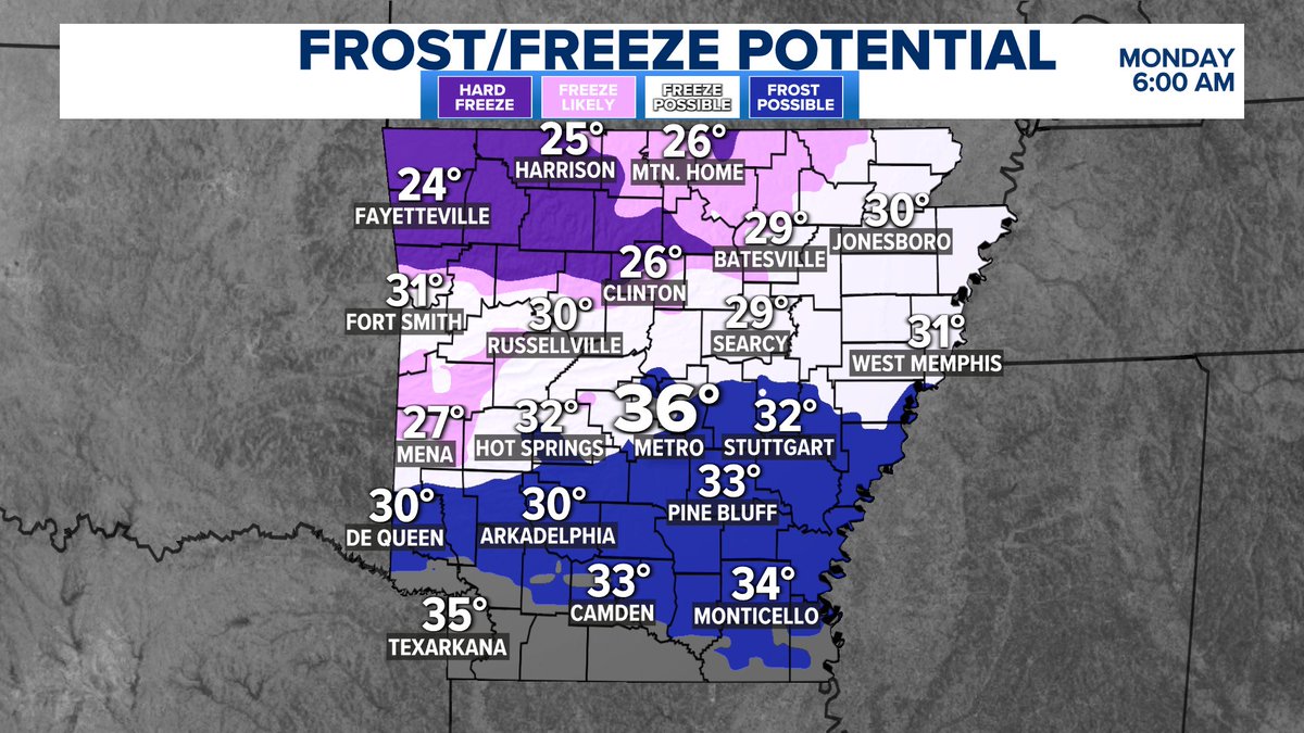 The first freeze of the season is becoming likely for Central AR Monday and Tuesday mornings next week. November 10 and 11.