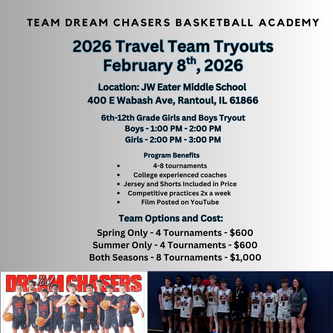 Our 2nd round of tryouts is scheduled for February 8th! Sign up now and don’t miss out. We are only selecting a few individuals to fill the rest of our team roster for spring and summer!

#teamdreamchasers #aau #tryout