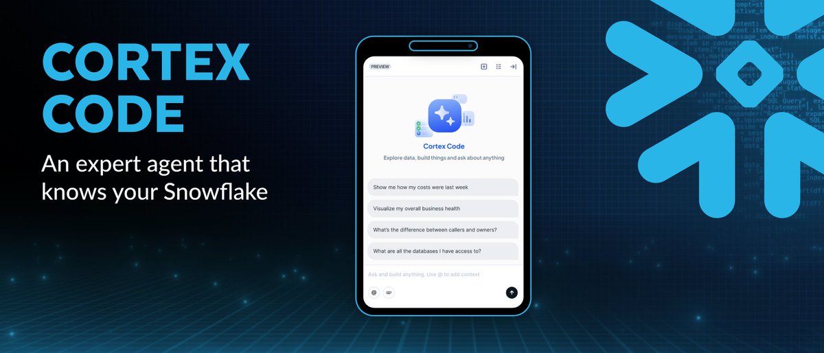tshowis's tweet image. [🚀BUILD Update!]
&quot;Cortex Code&quot; がPrPrで発表されました！

SnowflakeのUI内に搭載された最新のAIアシスタントで、自然言語で対話し、SQL/コードの生成から複雑なクエリの最適化などが可能になります!

#Snowflake #AIDataCloud #VibeCoding

snowflake.com/en/news/press-…