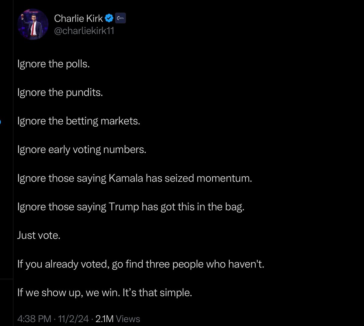 Marly_USA's tweet image. Every pundit and influencer will never be able to do what Charlie did🇺🇸🇺🇸🇺🇸🇺🇸 He managed to get ppl to the polls without any rudeness or a condescending attitude! His aura will never be matched🇺🇸 Go vote. FOR CHARLIE🇺🇸