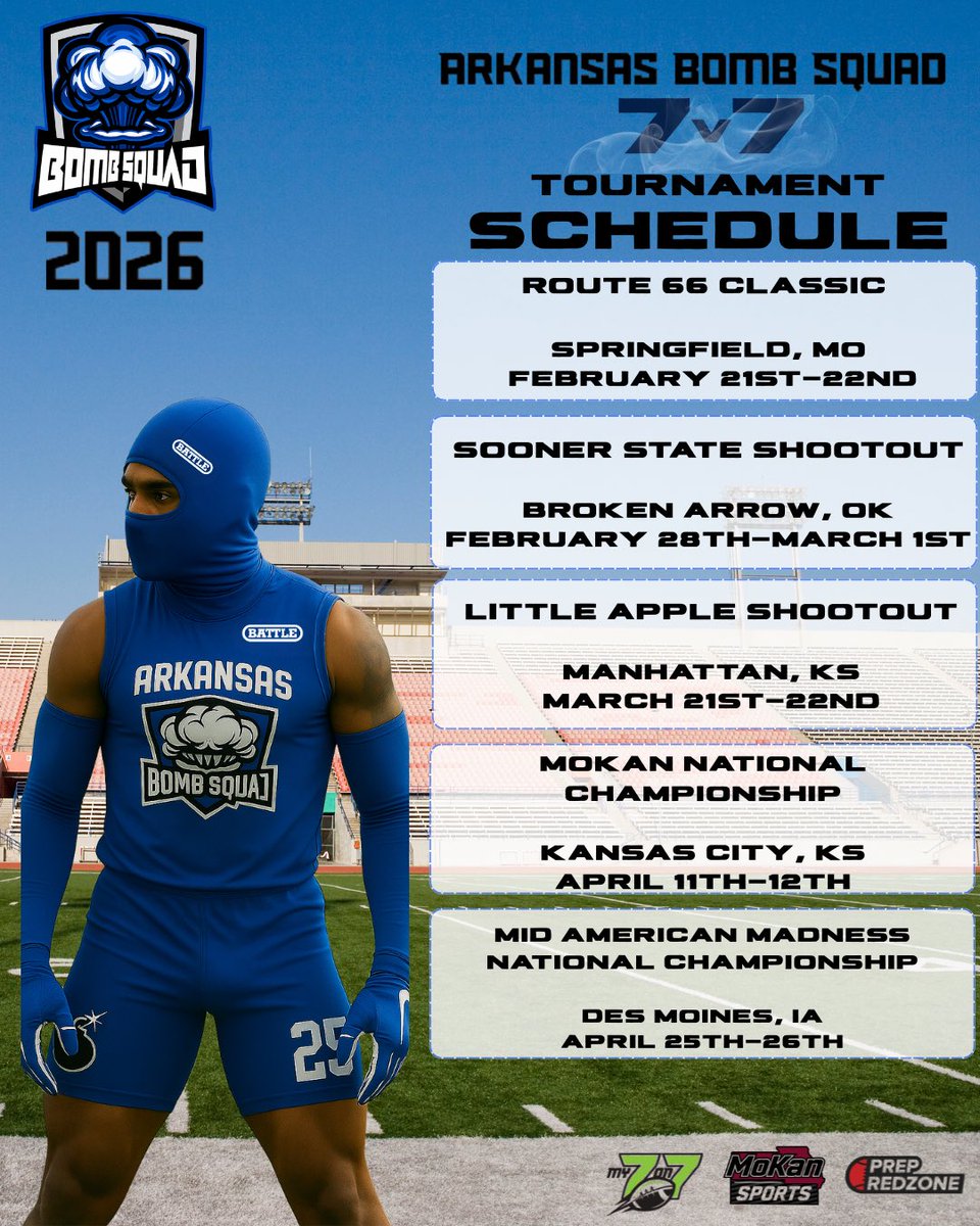 💣 2026 Arkansas Bomb Squad Schedule 💣
Year 2 is here and we are #AllGasNoBrakes 💨

From new colors to new coaches — we’ve reloaded for Year 2. More exposure. More opportunity. More wins. 

Select roster spots left open. Please reach out via DM for more information. ✅