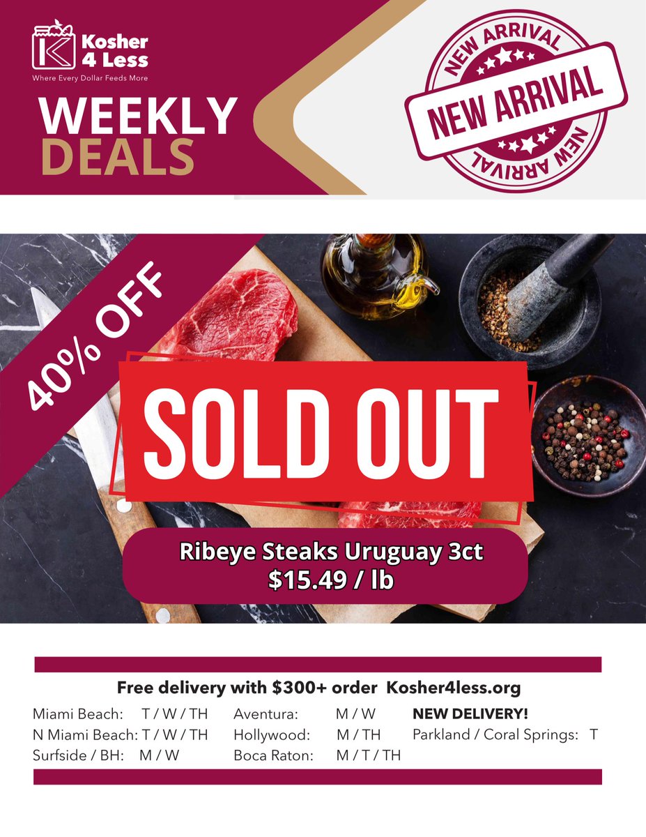 Kosher4Less's tweet image. Our Uruguay Ribeye Steaks are officially sold out — thank you for the incredible response!

But the grill’s not cooling down…

A new steak deal is coming Sunday.