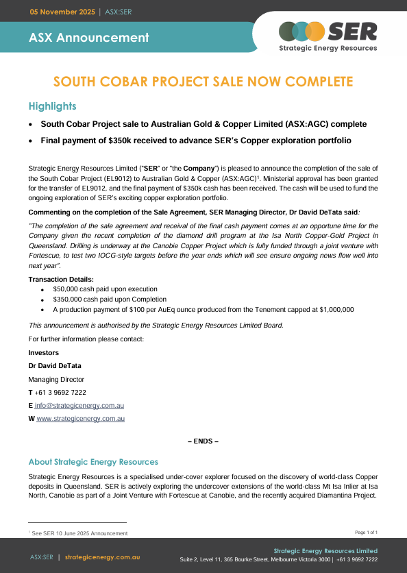 $SER has completes sale of the South Cobar Project to Australian Gold &amp; Copper (ASX:AGC) with Ministerial approval and $350k cash received. The cash will be used to fund the ongoing exploration of SER’s exciting copper exploration portfolio.

Read more ➡️ tinyurl.com/4pjw2pn9