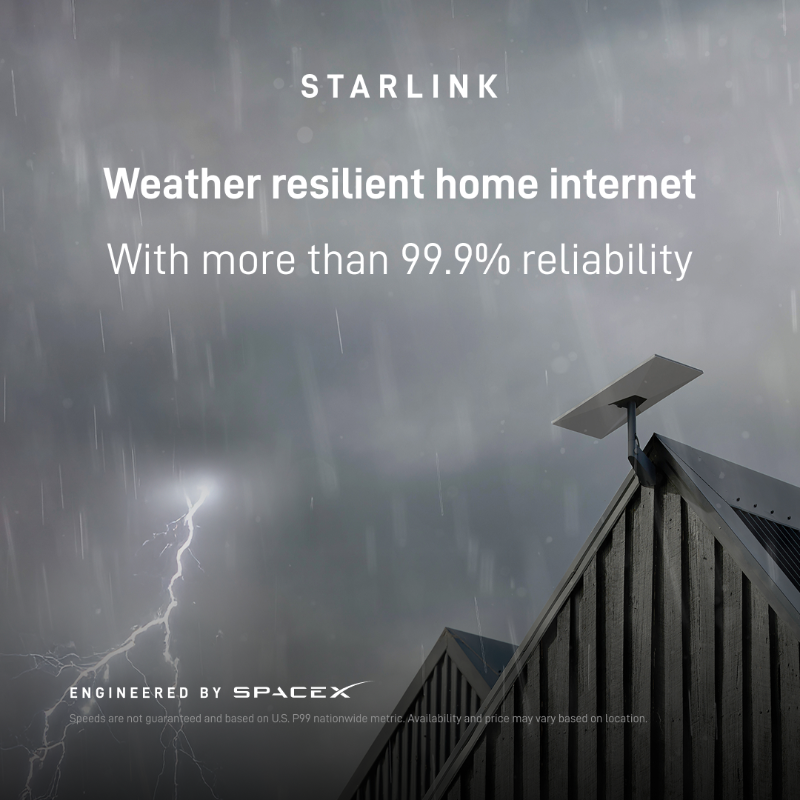 Starlink's tweet photo. “We have even been through hurricane weather with no interruptions. We would recommend Starlink to everyone.”
— Starlink Customer

Order online in under 2 minutes.