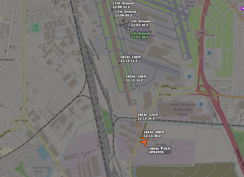 UPS2976, an MD-11, crashed at 5:13 PM EST in Louisville, KY today. Unverified video shows the aircraft on fire as it took off. The plane was headed for Honolulu so was full of fuel. The resulting fire appears to cover a large area. Image from adsbexchange.com