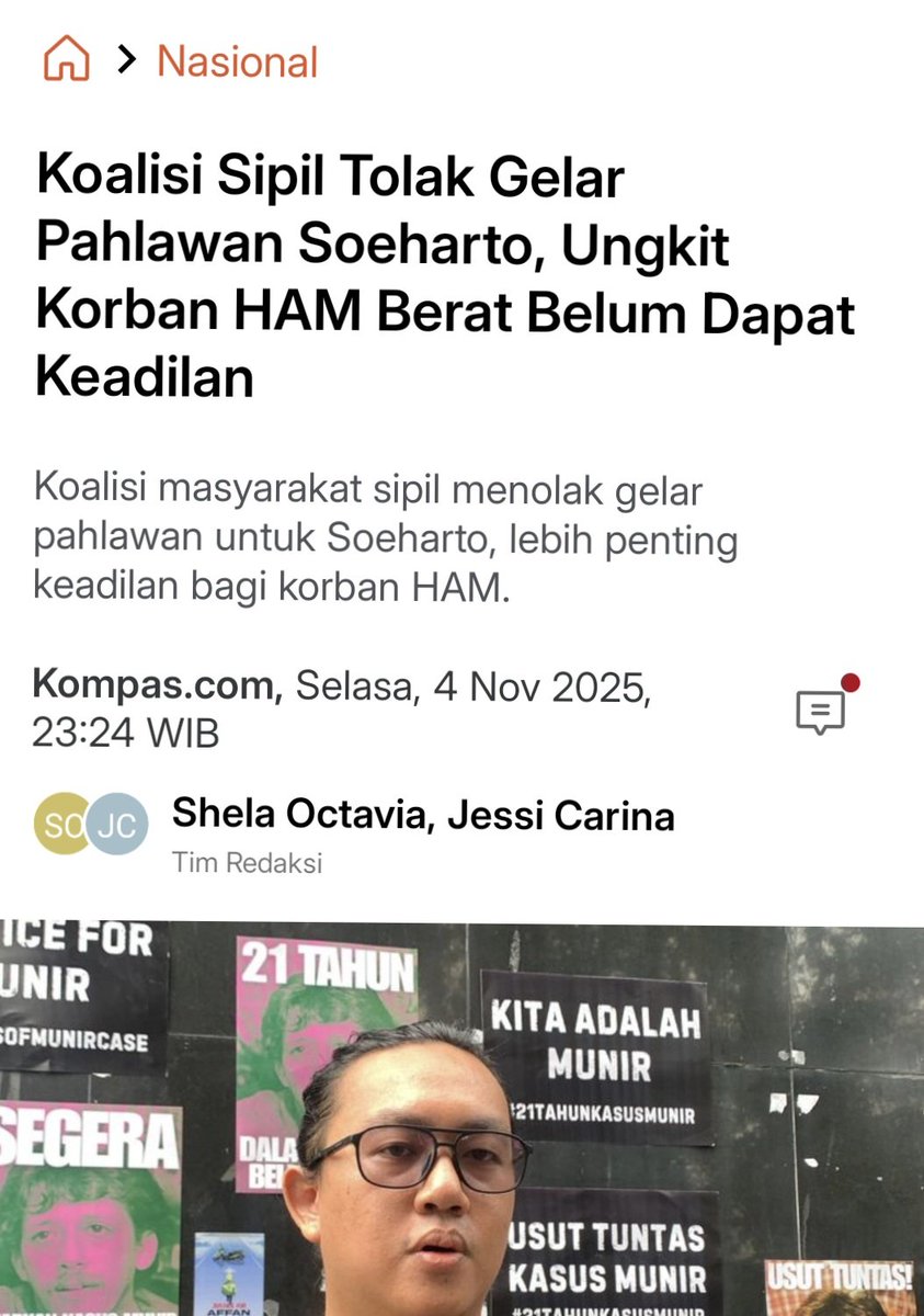 Sejumlah pihak menilai bahwa pemerintah perlu berhati-hati menimbang usulan gelar pahlawan soeharto karena
masih ada persoalan pelanggaran hak asasi manusia (HAM) yang
belum terselesaikan dari masa pemerintahannya.

nasional.kompas.com/read/2025/11/0…