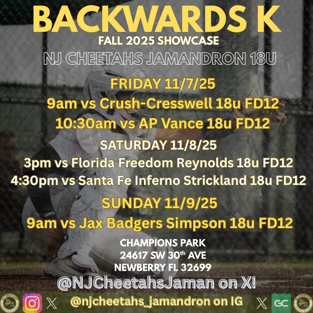 Last Tournament for the 2025 Fall Season! NJ Cheetahs Jamandron 18u and NJ Cheetahs Gonzalez 18u are heading down south to the Backwards K Showcase in Newberry FL. Here is our game schedule for this weekend! 🌴🥎🖤 GO CHEETAHS! 🐆
