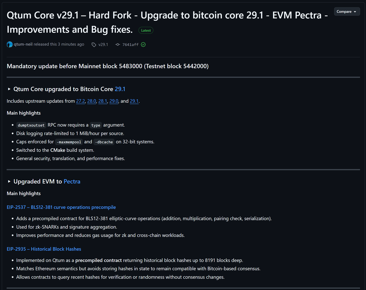 Qtum is proud to announce our 50th release: Please have your nodes updated  before block 5483000 (Estimated Date Jan 12th, 2026) Support for Bitcoin  Core 29.1 (along with updates from past Bitcoin
