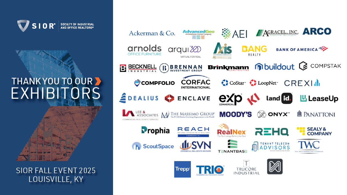 As we kick off #SIORFall25, we wanted to thank all of the Exhibitors here in Louisville! We hope you make big connections with the best in CRE!

Make sure to stop by their booths today to kick off this event from 8-10pm ET at the Exhibit After Dark: Opening Edition!