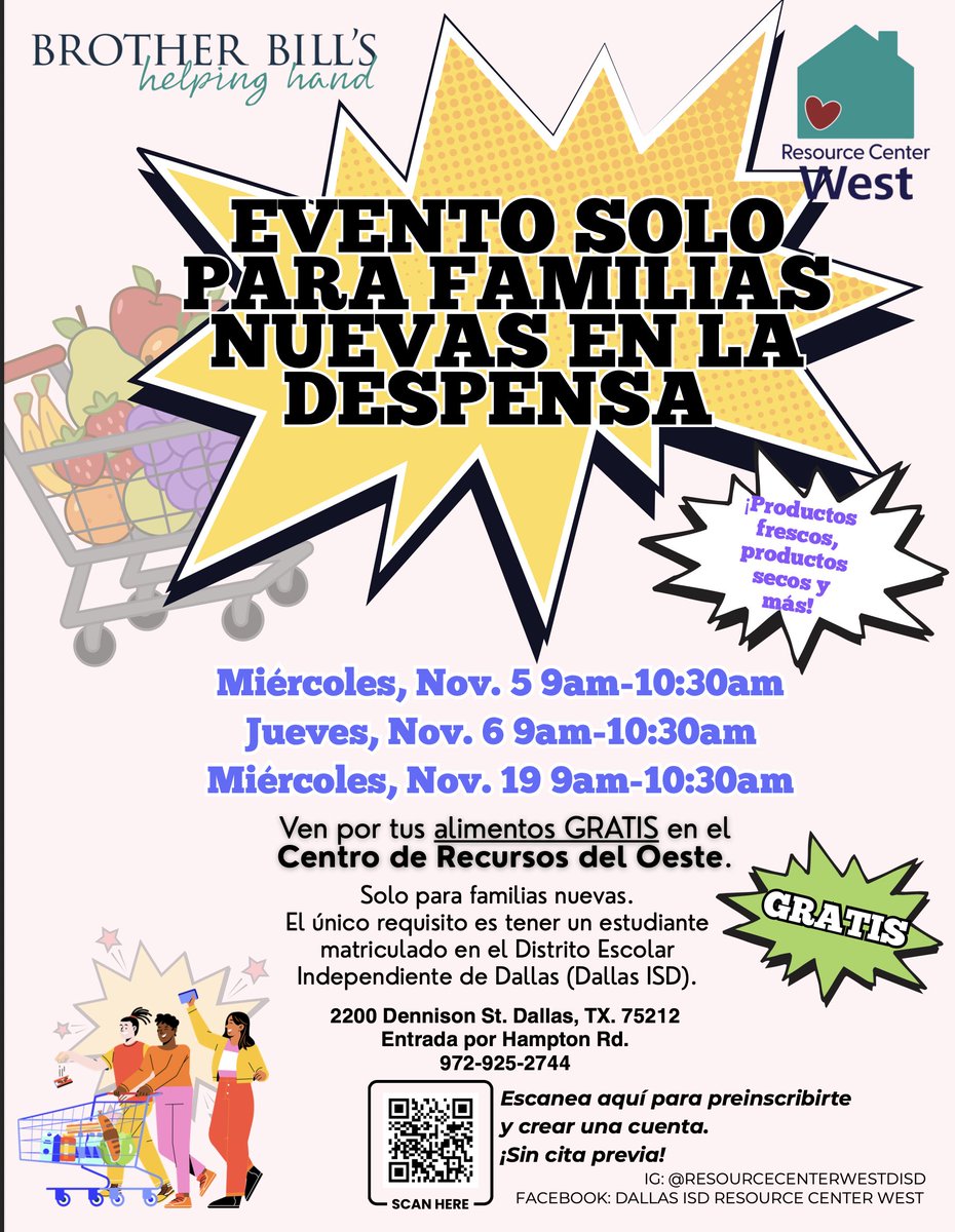 First time families, this one’s for you! 
Join Brother Bill's Helping Hand and Dallas ISD Resource Center West for fresh groceries.🍎🥪
