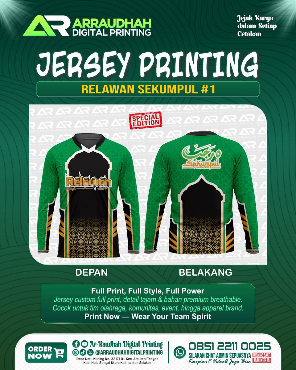 ARPrinting93's tweet photo. Jersey Full Printing
Relawan Sekumpul #1

Hanya di Ar-Raudhah Digital Printing!
WhatsApp : 0851-2211-0025

#percetakan #arraudhahdigitalprinting 
#arraudhahprintinghsu #alabio #amuntai https://t.co/SFzOpZD18f