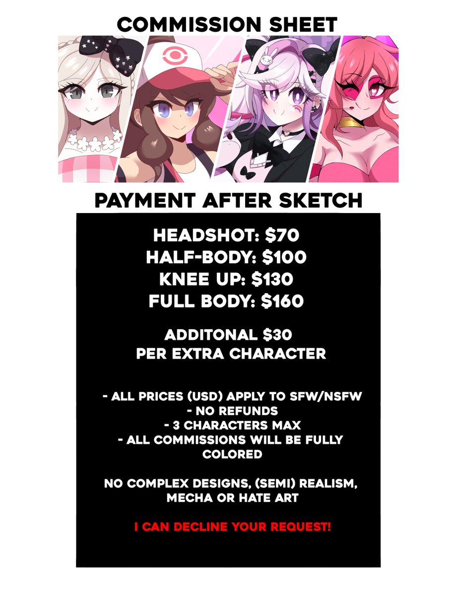 AmaiBambina's tweet image. COMMISSION SHEET (2025)

Please DM or comment below for any questions or if interested ❤✨
#commissionsopen