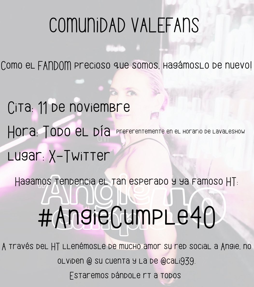 unionvalefans's tweet photo. ✨COMUNIDAD VALEFANS✨

¡Acompañanos a celebrar el 11/11 de Angélica Vale!🎉

No olvides usar el tradicional HT #AngieCumple40 

Te dejamos la dinámica y la foto de avatar para que seas parte, gracias por unirte! RT  

#NuevaFotoDePerfil https://t.co/1JrKk7UDQu