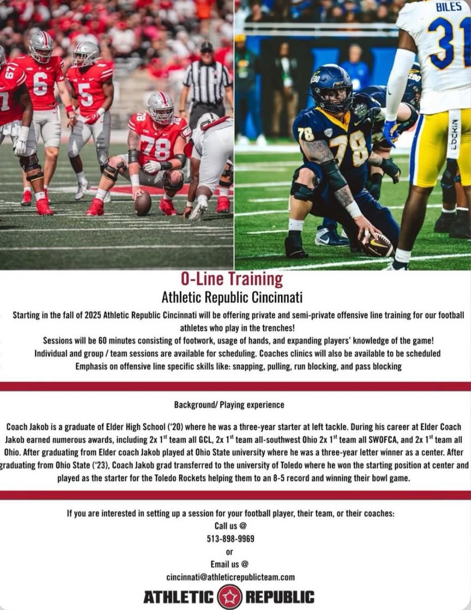 If you know or have a young offensive lineman that wants to improve his craft, I cannot recommend this more. Reach out to Athletic Republic at 513 898 9969 or DM <a href="/jakobjames00/">Jakob James</a> for more information.