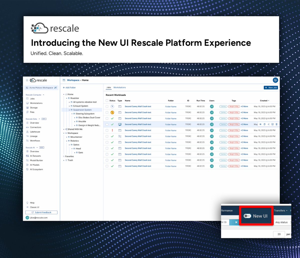 As engineering workflows expand to include more sophisticated compute, data, and AI capabilities, the tools we use need to keep pace. That's why we've redesigned Rescale's user interface from the ground up.

The new platform experience, now available in beta, consolidates