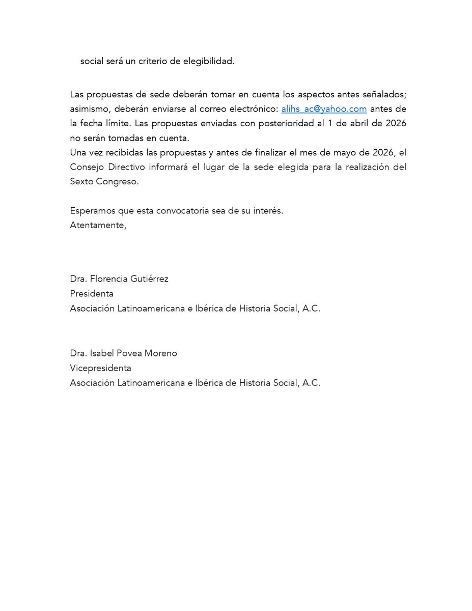 📣 CONVOCATORIA - SEDE PARA EL SEXTO CONGRESO- ABIERTA A AFILIADAS/OS

El Consejo Directivo de ALIHS invita a sus socias y socios a presentar propuestas de sede para el próximo Congreso Internacional, 2027

📆 Las propuestas podrán enviarse hasta el miércoles 1 de abril de 2026