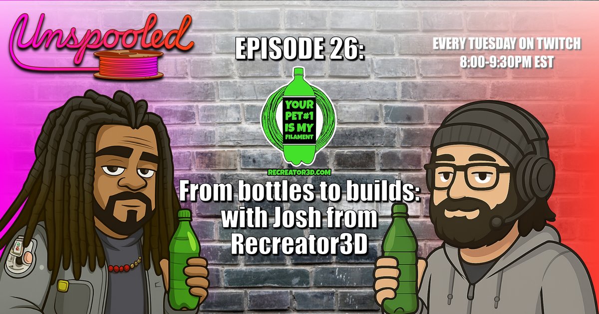Spooligans, In just 1 hour, we’re going live with <a href="/joshuartaylor/">Josh @ Recreator3D.com | #3DPrint | JRT3D.com</a> from Recreator3D, the maker turning  plastic bottles into filament! 

Tune into twitch.tv/layerxlayer or twitch.tv/mojee3d,  ask questions, and get inspired to rethink your prints.