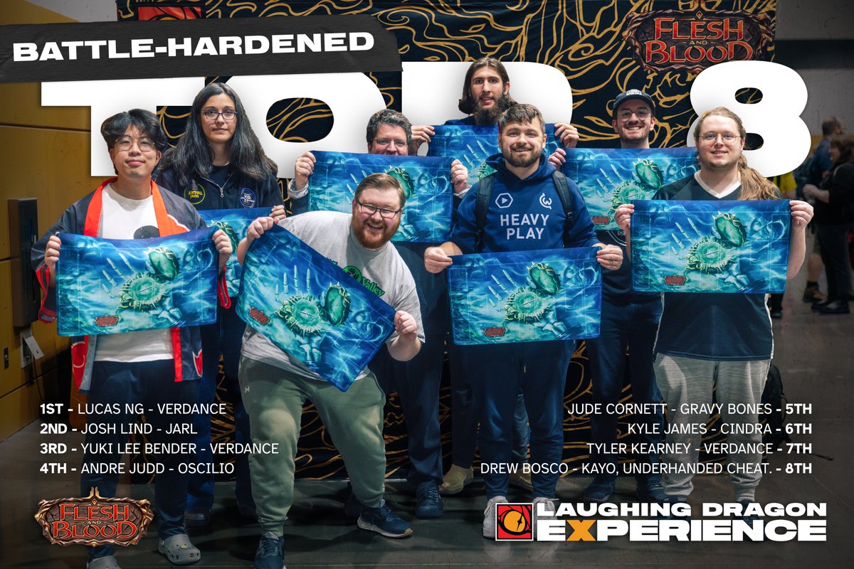 Our <a href="/fabtcg/">Flesh and Blood</a> Battle-Hardened Top 8! 

1ST - Lucas NG / Verdance
2ND - Josh Lind / Jarl
3RD - Yuki Lee Bender / Verdance
4TH - Andre Judd / Oscilio
5TH - Jude Cornett / Gravy Bones
6TH - Kyle James / Cindra
7TH - Tyler Kearney / Verdance
8TH - Drew Bosco / Kayo, Underhanded Cheat