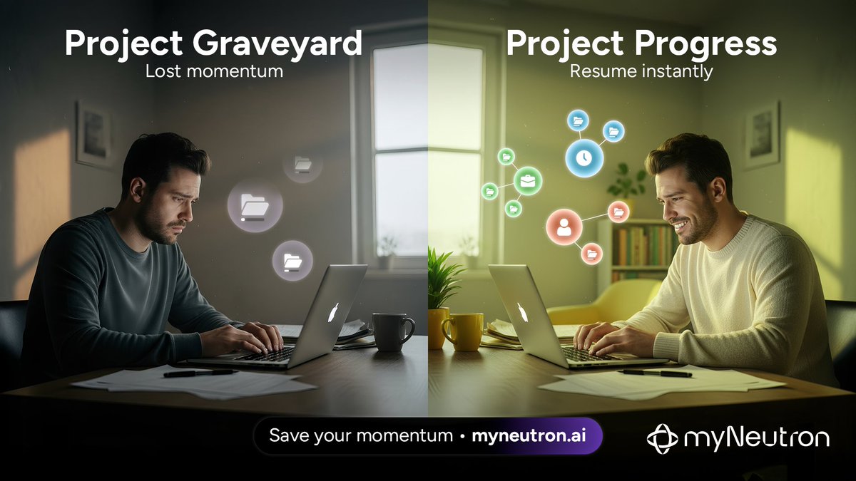 myNeutron_ai's tweet image. Your side projects don&apos;t fail because they&apos;re bad ideas. They fail because you can&apos;t remember where you left off.

You start strong:
ChatGPT helps brainstorm features. Claude thinks through architecture. Making progress.
Life happens. Work busy. Week goes by. Two weeks.
Want to…