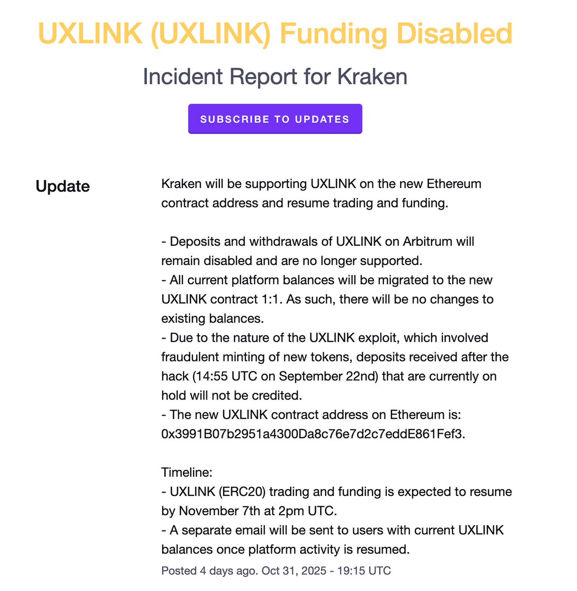 Kraken @krakenfx support UXLINK token migration! The New #UXLINK (ERC20)  trading and funding is expected to resume by November 7th at 2pm UTC.🚀🇺🇸  https://t.co/KqFNRY6C1r