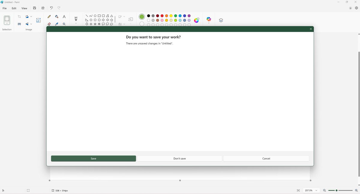 Suyi's tweet photo. This insanely large confirmation for #mspaint when you try to close an unsaved item in #Windows11 😝 @Windows https://t.co/k876IUHoiV