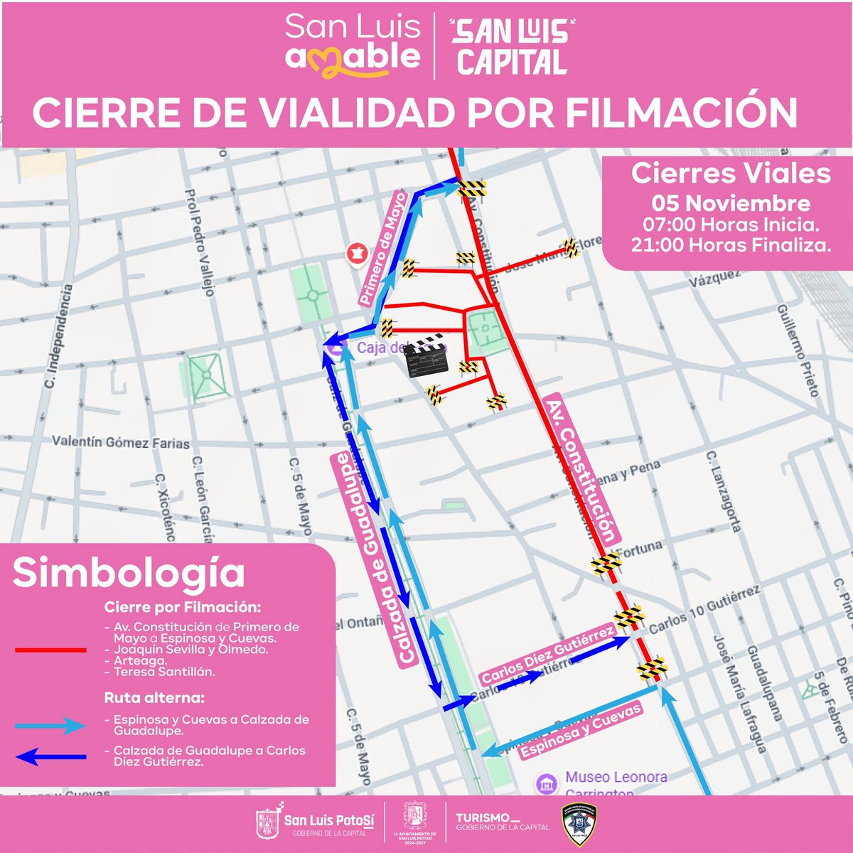 Atención ‼️ 

📆 Este miércoles 05 de noviembre, de 07:00 a 21:00 horas, la Policía Vial de la #SSPC realizará cierres temporales en calles cercanas al jardín de San Sebastián debido a la grabación de una telenovela 🎬

Los cierres se ubicarán en:

🚧Primero de Mayo y Av.