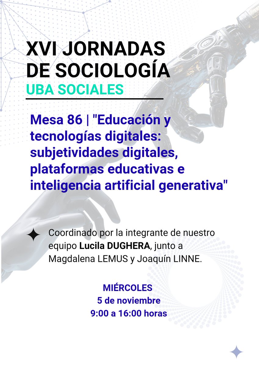 ¡Nuestro Equipo dice presente en las XVI Jornadas de Sociología! Es un evento libre y gratuito. Podés consultar las ponencias de cada mesa (91 y 86) acá: share.google/nJYO4aIKyr6G5s…