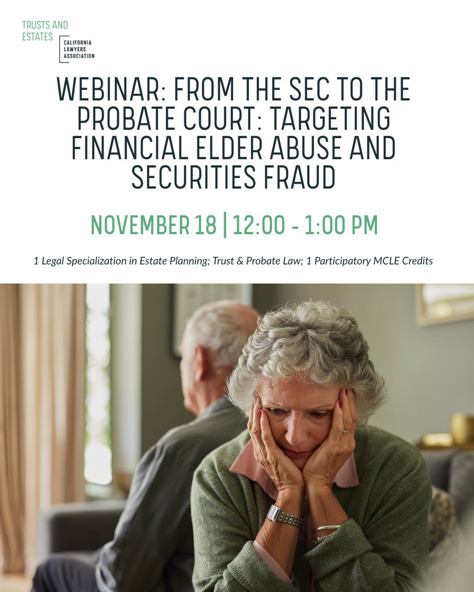 CLATrusts's tweet image. Financial elder abuse and securities fraud are on the rise

This webinar will discuss how professionals may best protect their clients, pursue wrongdoers, and meet their own ethical obligations. 

Register Now: calawyers.org/event/webinar-…
