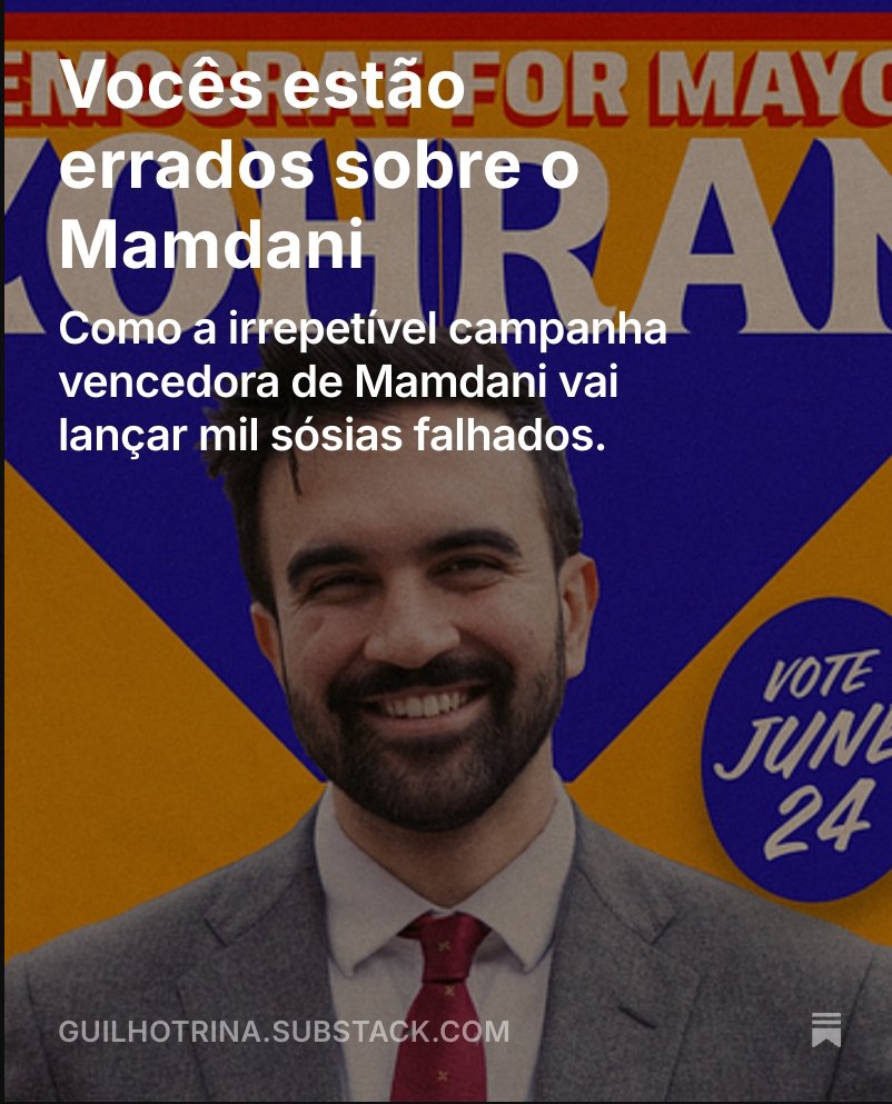 Lancei o Substack aqui. É sobre o Mamdani e a eleição de hoje. Faço uma previsão que pode correr muito mal.  Sigam e partilhem os vossos substacks para eu seguir também. 
open.substack.com/pub/guilhotrin…