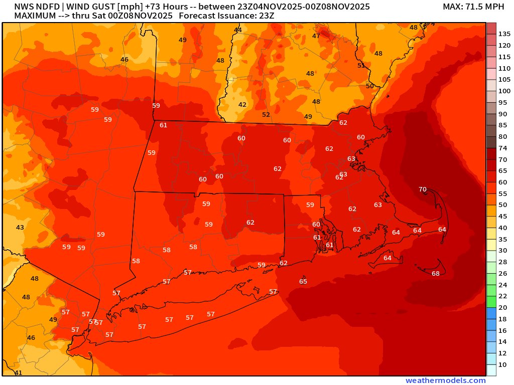 Latest NDFD potential maximum Wind Gusts for tomorrow night/Thursday morning.  Local  Soundings suggest strong winds aloft should have no issues making it to the surface.