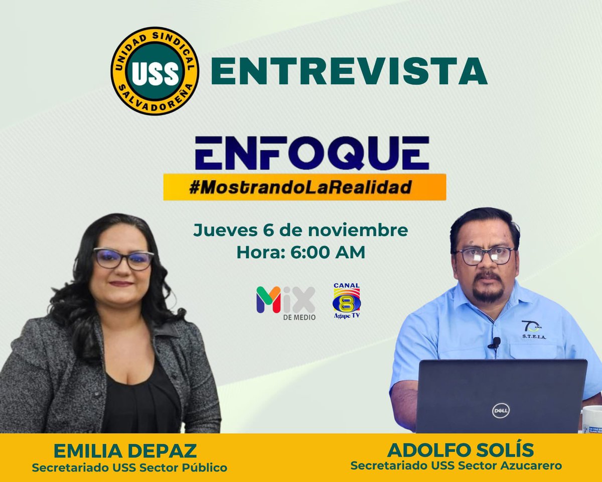 UnidadSindical_'s tweet photo. Este jueves 6 de noviembre a las 6:00 AM, te invitamos a sintonizar @MixDeMedio_ , donde nuestro secretariado conversara sobre los desafíos y propuestas del movimiento sindical salvadoreño.

Participan:
Emilia De Paz @EmiliaDePazSV 
Adolfo Solís  @Aj_SanchezSv 

Una entrevista para reflexionar sobre el papel del sindicalismo moderno en la defensa de los derechos laborales, el diálogo social y el desarrollo productivo del país.

📺 ¡Acompáñanos y sé parte del diálogo ciudadano!

#UnidadSindical  #DiálogoSocial #ClaseTrabajadora