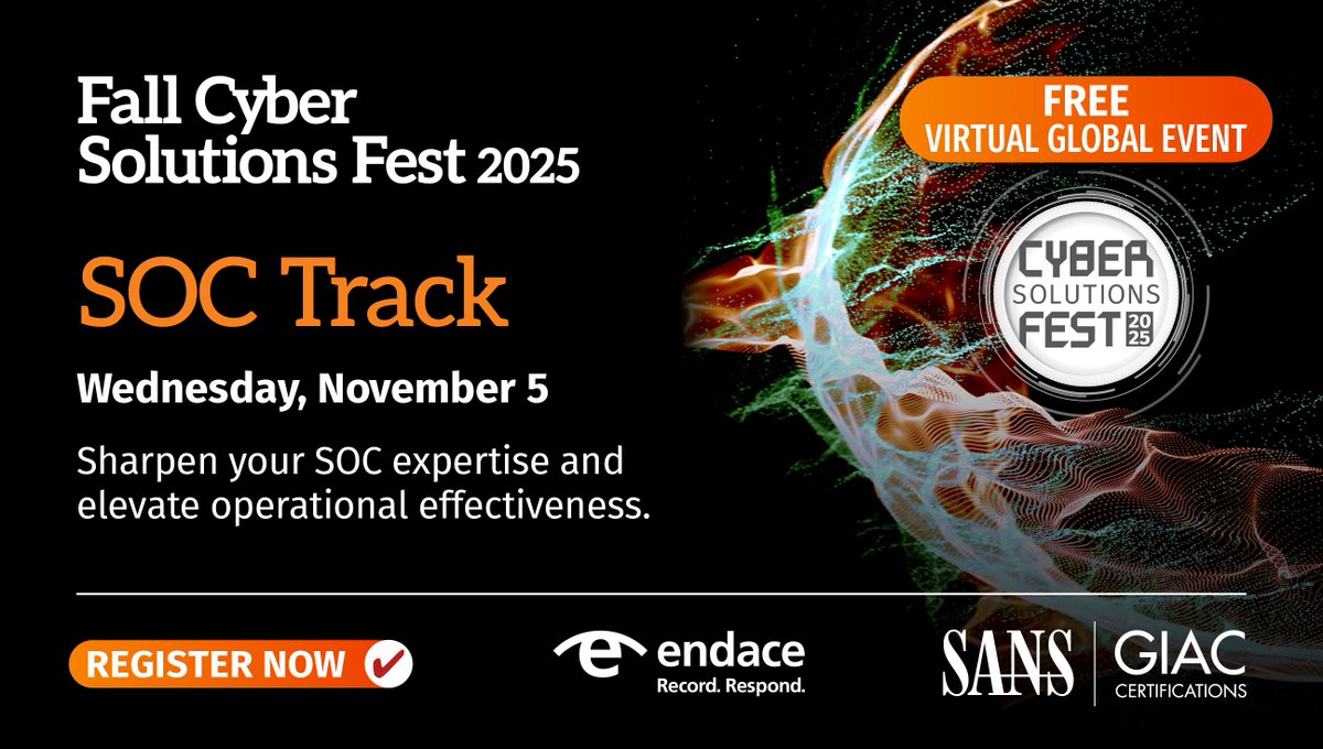 One Day to Go! We’re looking forward to being part of the SOC Track at the Cyber Solutions Fest tomorrow (Nov 5).  Register free here: sans.org/webcasts/fall-…
