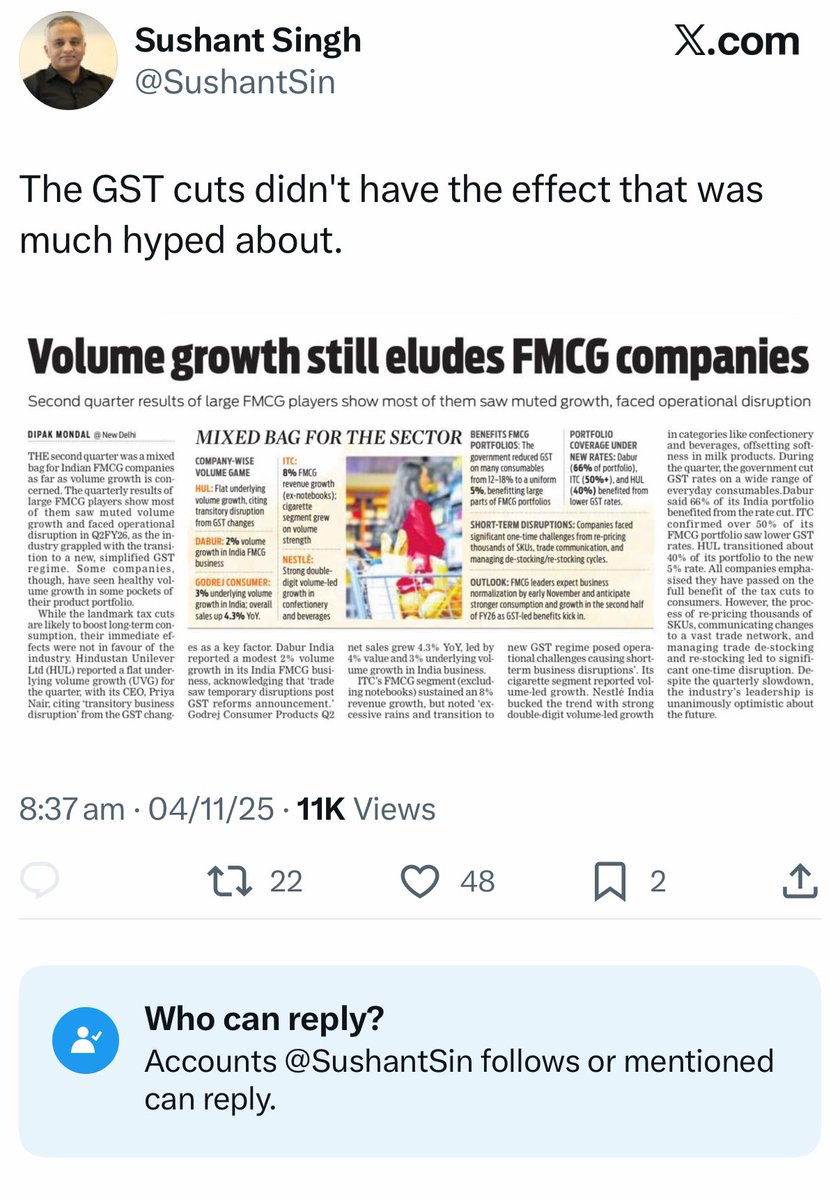 pallavict's tweet image. Check out this “journalist” &amp;amp; his CARAVAN of LIES 👇👇

He writes an article on how #GSTReforms have NOT had desired effect on Indian FMCG companies

…by presenting SECOND quarter data 

GST cuts happened in Sep 2025 

No wonder, he’s RESTRICTED who can reply 👇👇

@elonmusk @X…