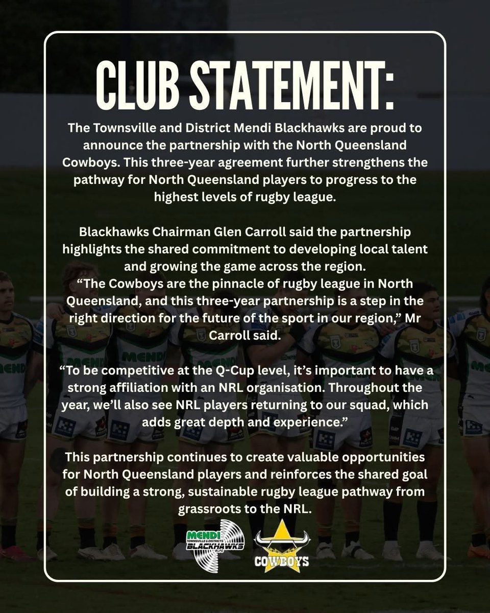 #NRL The <a href="/TsvBlackhawks/">Tsv Mendi Blackhawks</a> &amp; North Queensland Cowboys have announced three-year partnership to strengthen the pathways for North Queensland based players to make it to the elite levels of rugby league.