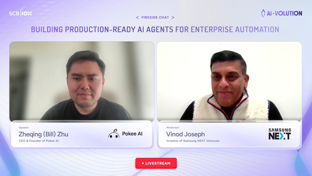 SCB10X_OFFICIAL's tweet image. Key Highlights #AIVOLUTION

Session: Building Production-Ready AI Agents for Enterprise Automation
@ZheqingZhu of @Pokee_AI &amp;amp; Vinod Joseph of @SamsungNext

See thread👇