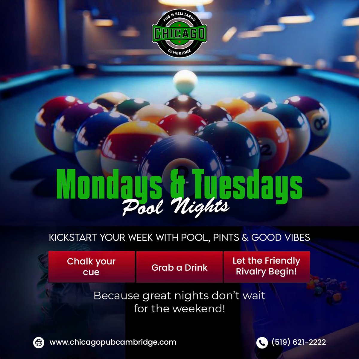chicagopub_'s tweet image. Who says fun starts on Friday? 📷
Join us every Monday &amp;amp; Tuesday for the ultimate Pool Nights at Chicago Pub &amp;amp; Billiards!
Laughs, cues, and chilled brews — the best way to recharge your week! 📷📷
#ChicagoPubCambridge #PoolNights #CambridgeOntario #BilliardsLife #WeekdayFun