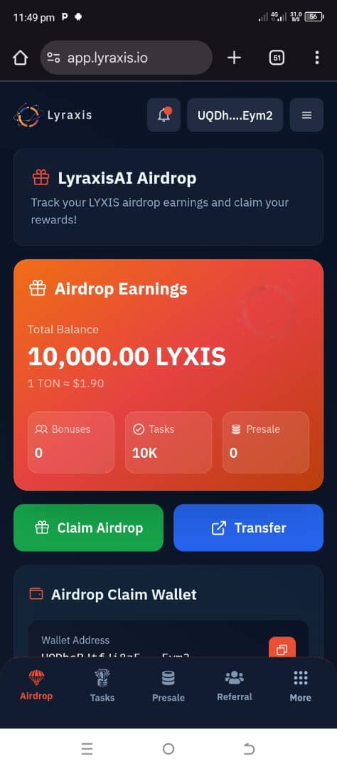 MuneerExcllency's tweet image. 🚀 LyraxisAI Airdrop is Live!

Eligibility &amp;amp; claiming start Nov 25, 2025 🗓️
Don’t miss — project looks promising in shaa Allah.

🔗 app.lyraxis.io/?join=mexcelle…

✅ Connect TonKeeper
✅ Create Username
✅ Do Social Tasks

Daily check-in = 10,000 tokens 🎁

#Airdrop #LyraxisAI #Crypto