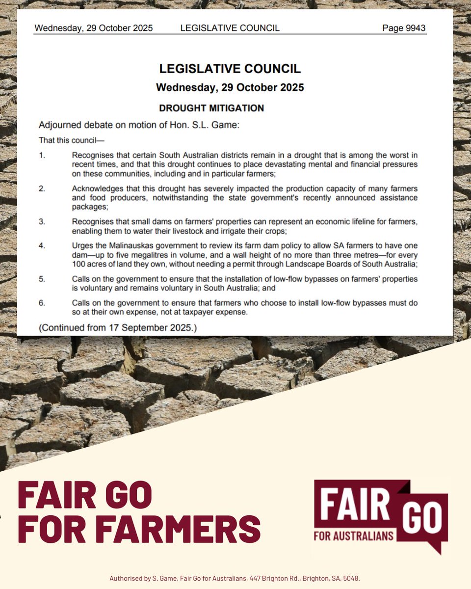 🚨ICYMI🚨

I’ve been fighting for a fair go for farmers – and I won’t be backing down.

SA farmers should have the right to build small dams on their own properties to protect their stock and crops during drought. It’s just common sense.

The Labor Government has tried to water