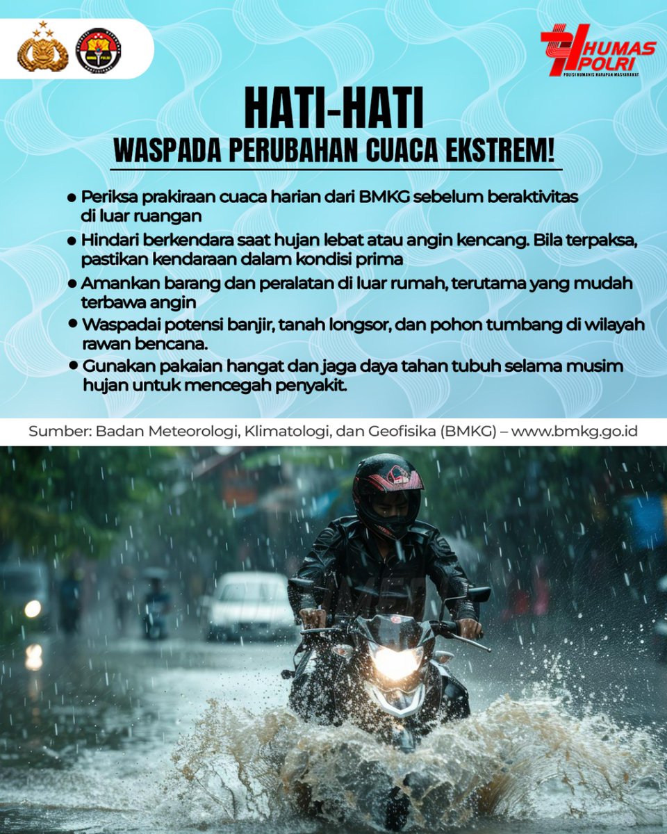 Sobat Polri, perubahan cuaca akhir-akhir ini makin tidak menentu! BMKG mengimbau masyarakat untuk tetap waspada terhadap potensi hujan lebat, angin kencang, dan bencana hidrometeorologi seperti banjir atau longsor.  Bersama Saling Menjaga #SiapSiagaBencana