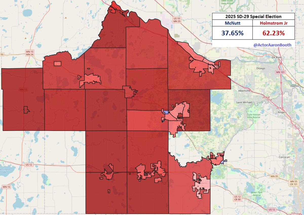 ActorAaronBooth's tweet photo. Final margin tonight in #SD29 was a 24.6-point Republican hold. Republican candidate ran well behind Trump's 2024 margin of 31.8 for about a 7.2-point DFL over-performance tonight. #MNLeg https://t.co/RSAVaUDa29