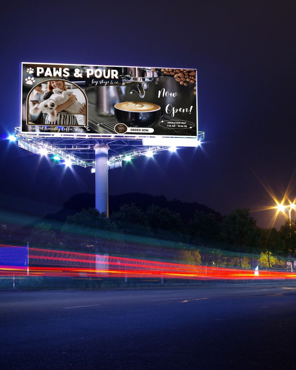 YourVARiza's tweet photo. Because your brand deserves to stand out big time! Here’s a sneak peek of my latest creative sample: a billboard promo for Paws &amp; Pour’s grand opening!
Want visuals like this for your brand? Let’s work together! 
DM me today to start your next creative project! #GraphicDesignerVA https://t.co/zFE0GqAIfQ