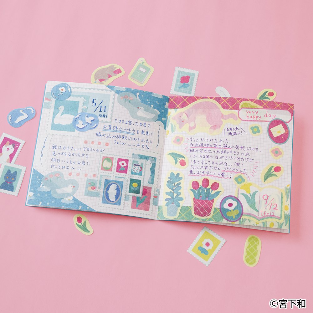 miyashitanodoka's tweet image. 自分だけのオリジナルノートが作れる「ノートデコキット」にイラストを使っていただきました！
作例が載った冊子がついてくるので、はじめての方でも楽しくノートデコができます🐱
11/8(土)より、全国のロフトで販売予定です📅