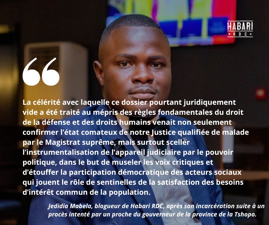 Le blogueur activiste et membre de Habari RDC, Jédidia Mabela, a tenu à exprimer sa profonde gratitude à l’ensemble de ceux qui lui ont manifesté leur solidarité durant son incarcération.
Il a particulièrement remercié sa famille biologique, sa famille chrétienne ainsi que sa