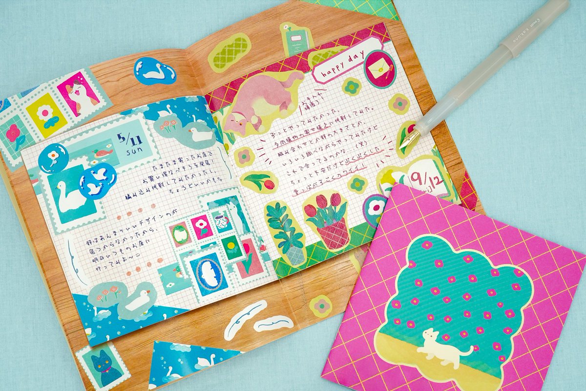 miyashitanodoka's tweet image. 自分だけのオリジナルノートが作れる「ノートデコキット」にイラストを使っていただきました！
作例が載った冊子がついてくるので、はじめての方でも楽しくノートデコができます🐱
11/8(土)より、全国のロフトで販売予定です📅