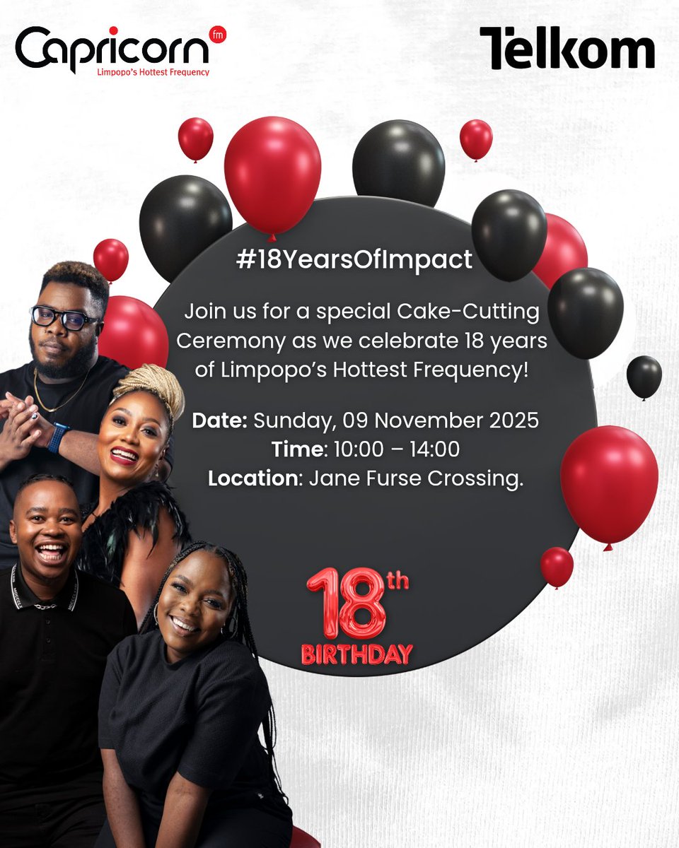 Jane Furse, your favourite Capricorn FM presenters are headed your way and we love that for you. Join us at Jane Furse Crossing from 10am till 2pm. <a href="/TelkomZA/">@TelkomZA</a> will be on site with some exciting goodies for you.

🔥 | Capricorn FM's #18YearsOfImpact, in partnership with Telkom.
