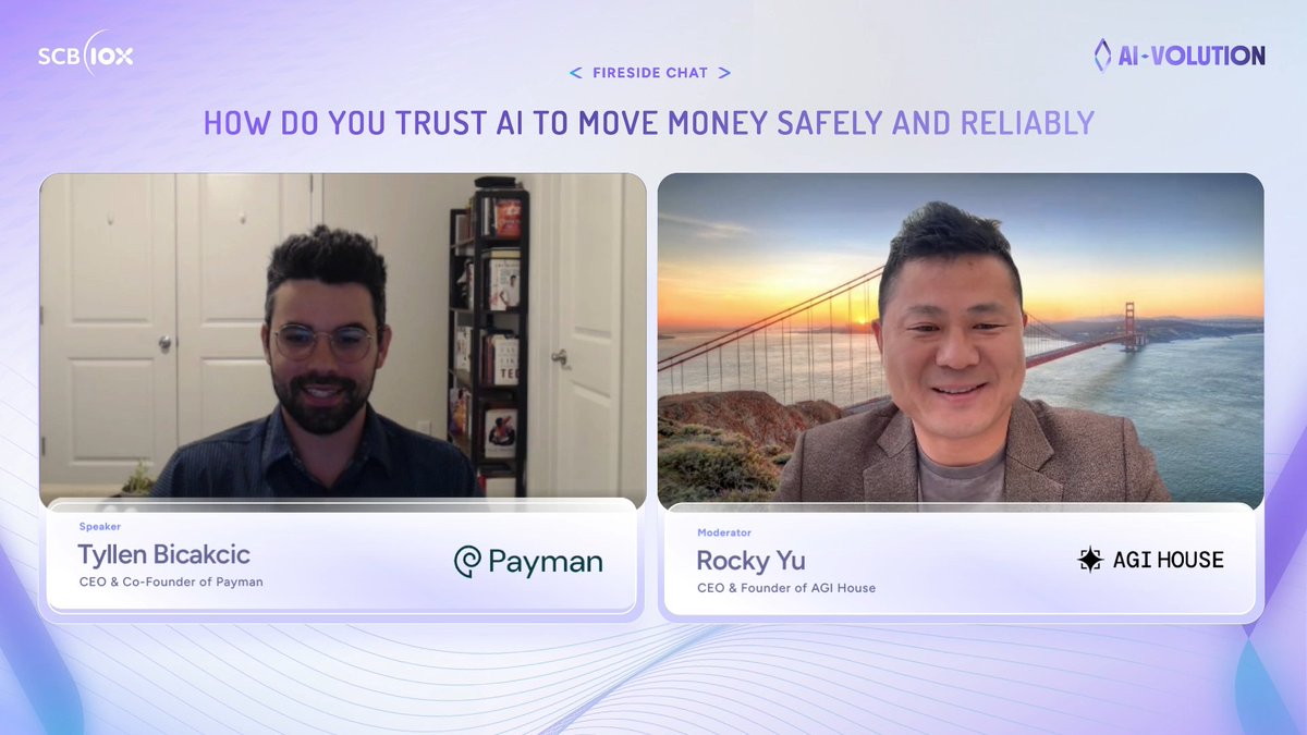 SCB10X_OFFICIAL's tweet image. Key Highlights #AIVOLUTION

Session: How do you trust AI to move money safely and reliably
@0xTyllen of @PaymanAI &amp;amp; Rocky Yu of @agihouse_org

See thread👇