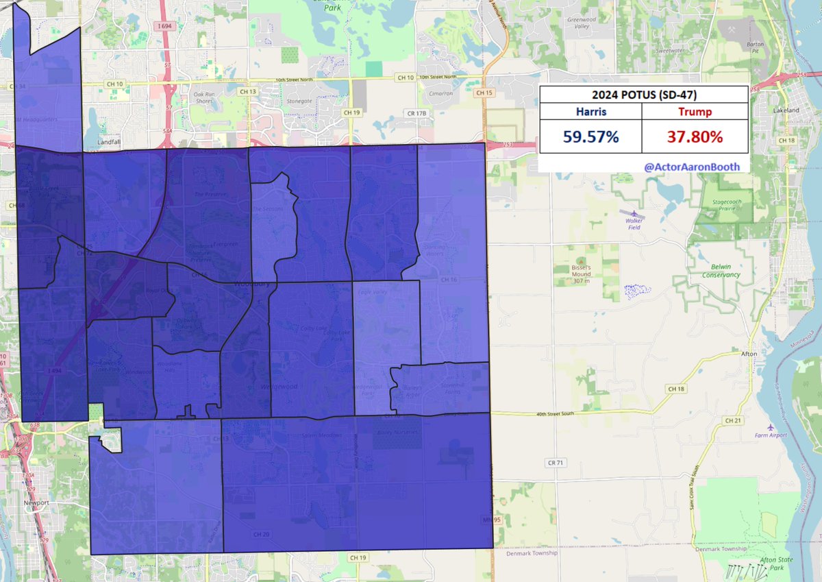 ActorAaronBooth's tweet photo. In #SD47 we saw a DFL hold by 23.5 points. This was a much more modest DFL over-performance of 1.7 points in this Harris+ 21.8 district. https://t.co/dNAAJ7Y3g2