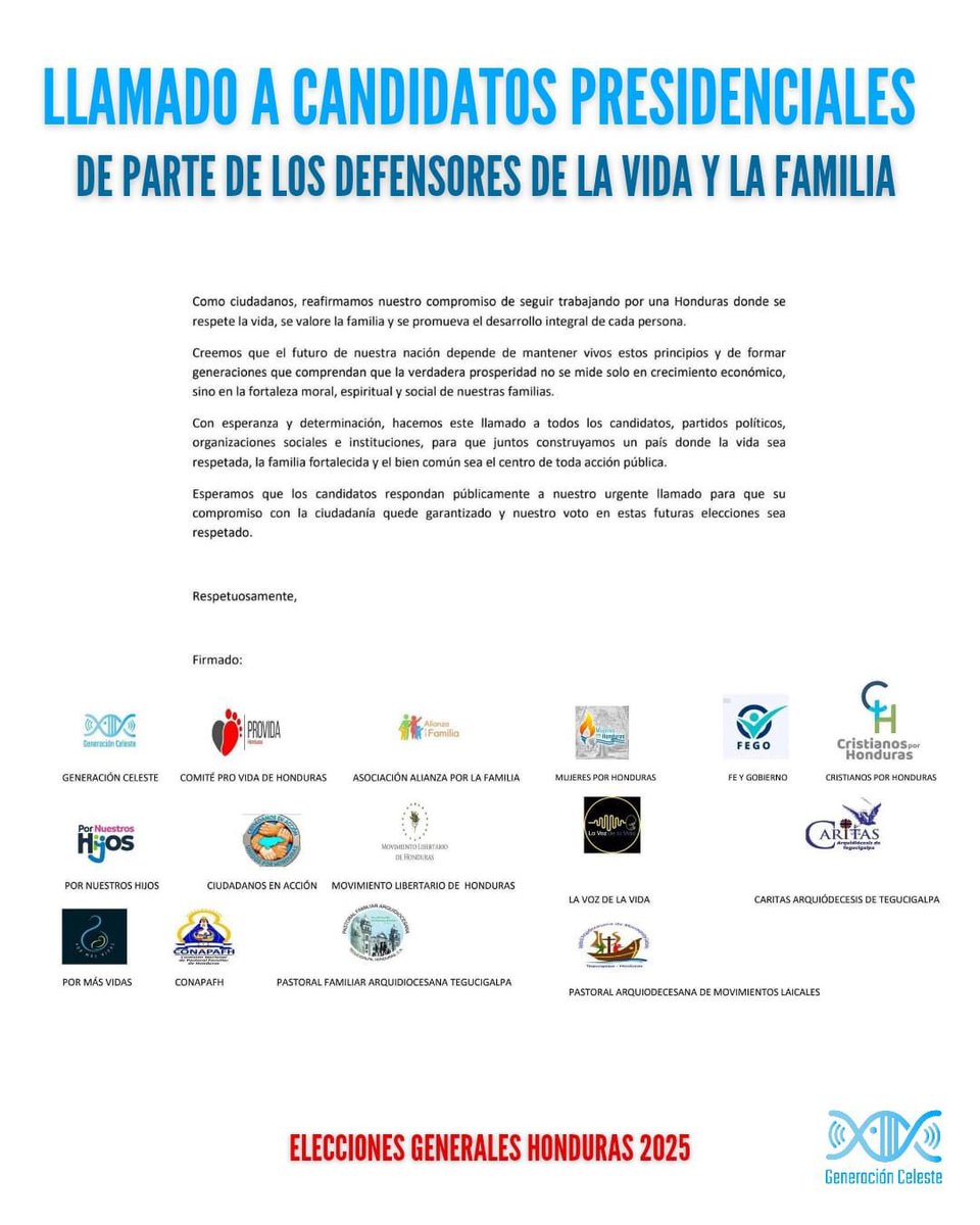 Hoy distintos movimientos provida y profamilia en Honduras entregamos una carta pública a los candidatos presidenciales, exhortándolos a defender la vida, la familia y el bien común. Desde Generación Celeste reafirmamos nuestro compromiso con una Honduras basada en valores.