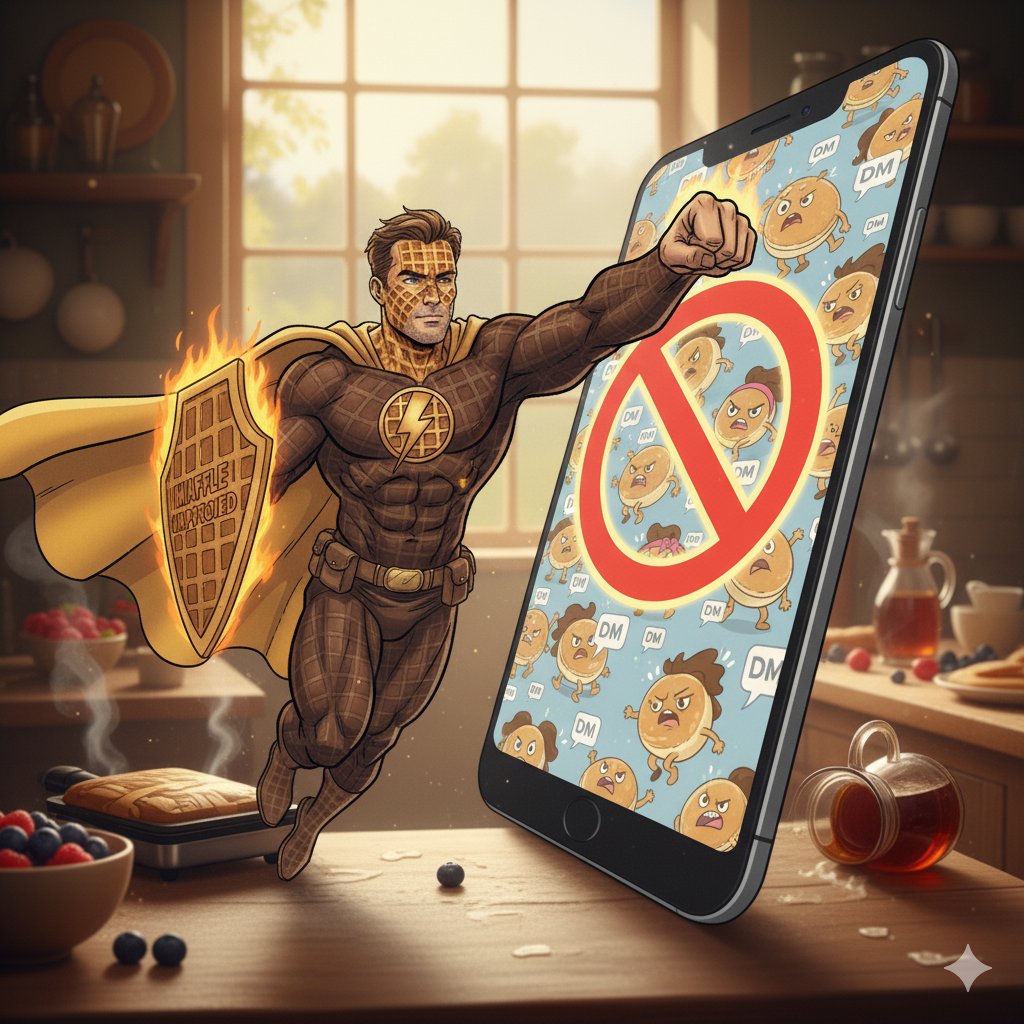 Waffler500's tweet photo. Frauds, stay out of my DMs! You'll never get Waffle-Approved. I'll never approve a burnt pancake. 😤 My inbox is for truth only.
#WaffleJustice #DMDefense #BurntPancakes #NoFraud #WaffleApproved #MyDMsAreSacred https://t.co/zIR8aC0kAt