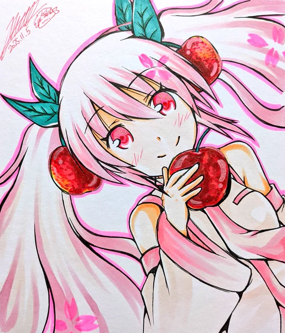 色紙18枚目・桜ミクさん。 今日は何枚描けるかな。